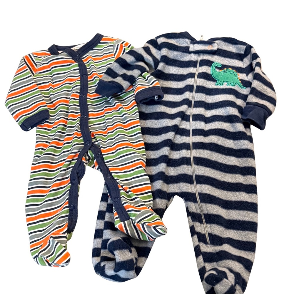 Bon Bebe‎ Striped Footies - Multicolor Dinosaur and Navy Size 0/3 Months
